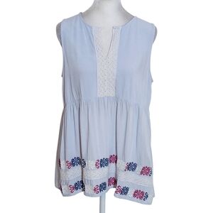 L. Love Blue Embroidered Sleeveless Top Size Medium Light Blue Boho Blouse